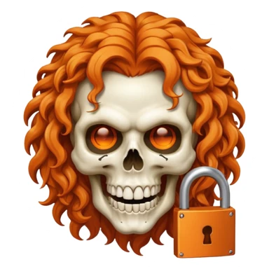 cinematic realistic Megadeth iconic skull mascot with a padlock in his teeth, orange curly huge hair sticker