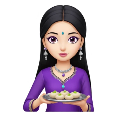 a pretty bratz girl with straight black hair, wearing a purple kurti, silver jhumkas, eyeliner, carrying a plate of momos sticker