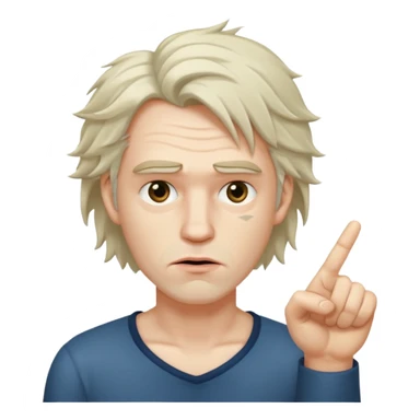 Weak man with disheveled hair pointing to his right sticker