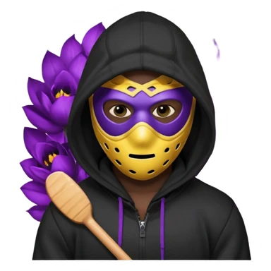 non human male cartoon character related to a shadow, all black skin, with all black clothes, focusing a black hoodie, and a black hockey mask covering his entire face, just his purple shadow eyes making a light bloom, no background sticker