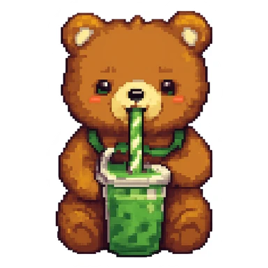 Change the boba tea to a matcha flavor with green color, keep the bear and style the same, no background. sticker