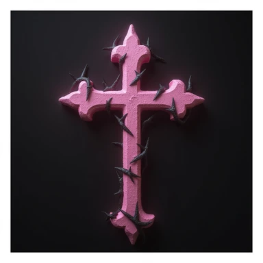 realistic gothic cross, pink with black thorns, photorealistic style sticker