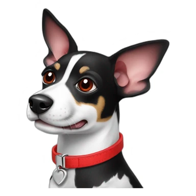 black and white rat terrier wearing red collar sticker