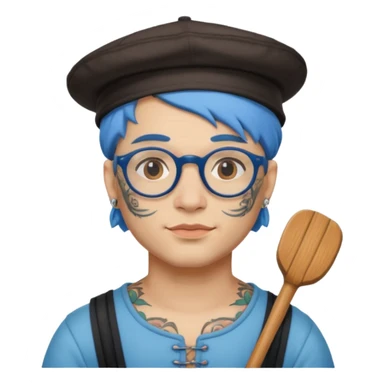 very tattoed face, normal glassess, fat venice gondolier with iconic hat and blue hair woman sticker