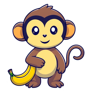 super kawaii baby monkey with big shiny eyes and tiny paws carefully peeling a banana sticker