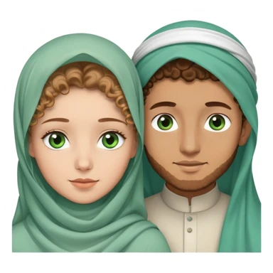 couple avec un garçon peau clair yeux vert bleu avec cheveux bouclés brun clair et son amoureuse peau un tout petit peu plus foncé avec des yeux verts et un voile musulman  sticker