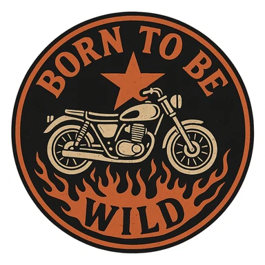 circular motorcycle cap design with transparent background, text 'Born to be wild', motif: star, motorcycle, flame, retro style sticker