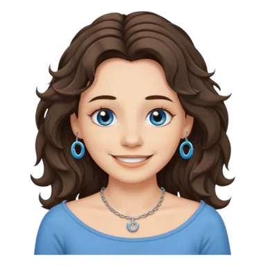 character with long wavy brunette shag hair, blue-grey eyes, boatneck top, septum piercing, emoji style sticker