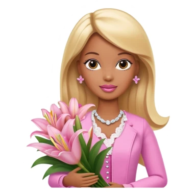 Brown skin blonde hair barbie with baby pink lily bouquet  sticker