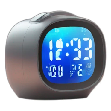 Create a sleek, modern alarm clock with a holographic display, set on a nightstand in a futuristic bedroom sticker