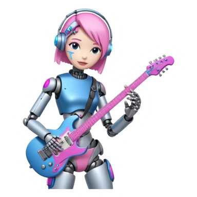 a cyper robot carry her note and electric guitar and try to change the world with pink and bluecolor sticker