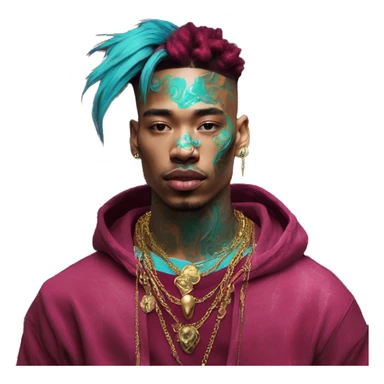 Vintage patina intricate swirls gold jewellery baroque golden raven tropical Deep pink maroon burgundy cyan dark hoodie man vitiligo dyed hair gold piercings nose piercing ear piercings sticker