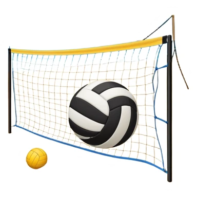 The scene captures the relaxed yet competitive vibe of beach volleyball, with warm sunlight and the natural beauty of the beach. A volleyball resting on the yellow sand on a beach, with the net in the background and a scenic view of the ocean and sky.  sticker