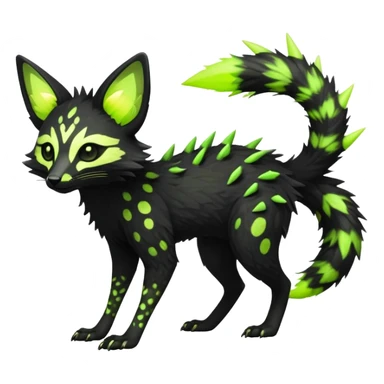 Rare realistic black edgy toxic radioactive-themed black fur with neon-lime-green-glowing  epic handsome gorgeous aesthetic vibrant Vernid-Trico-Genet-species-hybrid-Fakemon-creature by LiLaiRa, 4 legs, 1 tail, random markings, (full body) with tiny spikes on tail sticker