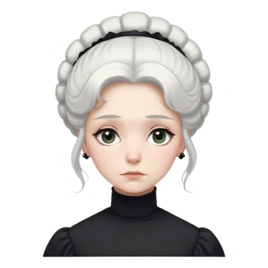 A Victorian woman with simple yet elegant coiffed white hair and light eyes wearing a modest unadorned monochrome black turtleneck mourning dress with puff sleeves looking down with a forlorn expression sticker