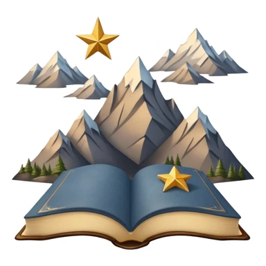 three mountain peaks of gray color, above each of the peaks there is a golden star, in front of the mountain peaks there is an open book sticker
