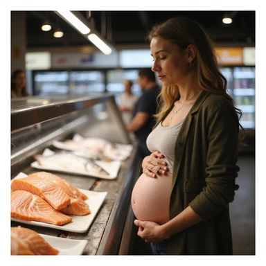 realistic pregnant woman in 4K at a supermarket, observing the fish counter and choosing not to take salmon, attentive and protective expression towards her belly sticker