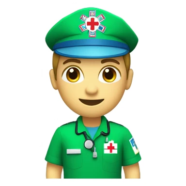 Paramedic, short sleeve green shirt, NHS logo, ambulance crest on shirt sticker