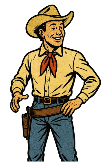 The full body of a happy young American West cowboy from the 1870s wearing a neck tie, cowboy hat and gun holster sticker