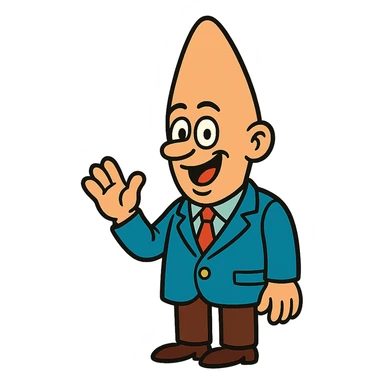 A Coneheads man, inspired by the classic SNL character, with a tall cone-shaped head, wearing a suit, in a playful cartoon style sticker