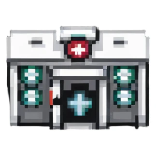 tiny simple hospital building icon with medical cross, modern colors, minimal details, small size sticker