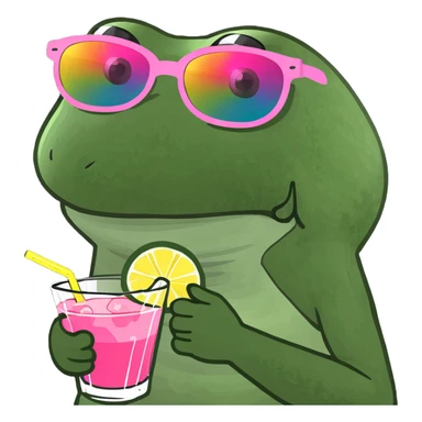 Bufo frog with pink sunglasses, holding a rainbow cocktail, in bufo style, transparent background sticker
