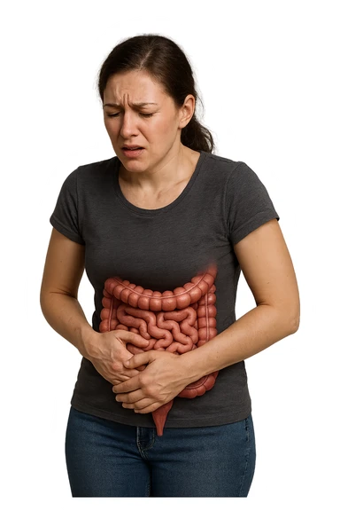 donna in piedi che si tiene la pancia con intestino umano anatomico e mal di pancia, iperrealistica 4k sticker