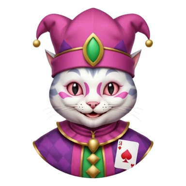 court jester cat medieval, single poker card joker clearly visible, pink, face only, round badge,  court jester cap sticker