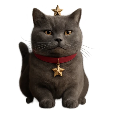 Make this British Shorthair cat with a proud smile and a gold star look more realistic, keep the pose and expression, no background, photorealistic style. sticker