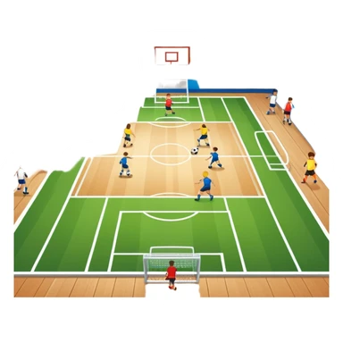 A mini-football match in an indoor sports hall with wooden flooring and clear field markings. The scene shows a vibrant game in action, with players positioned on the court, the goalposts visible, and the atmosphere filled with energy and focus. sticker