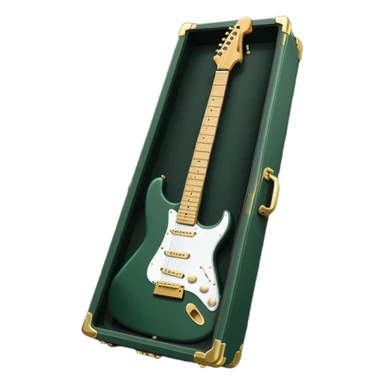 minimalist electric guitar in dark green, closed inside a black rectangular hard case with gold latches, soft matte textures, simplified details sticker