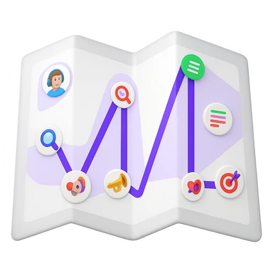 Create a modern, clean paper map emoji in the style of Apple emojis, open to reveal the attached digital roadmap drawing inside with a purple path and icons. The map represents a step-by-step guide for musicians, looking new, colorful, and inviting. No city map elements, no old or antique style, and no text. Transparent background. sticker