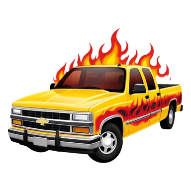 1997 yellow Chevy C-2500 Crew Cab with intricate airbrushed red flame design spreading across front, realistic flame artwork like in Kill Bill movie, 30-degree view, iOS emoji style sticker