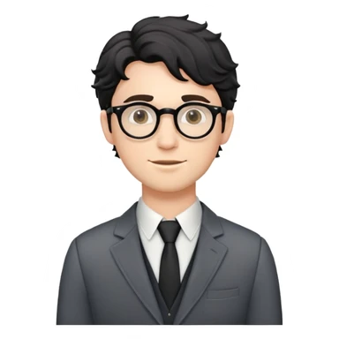 Young caucasian man with black wavy hair, round glasses, semi-formal theater outfit with blazer and collared shirt sticker