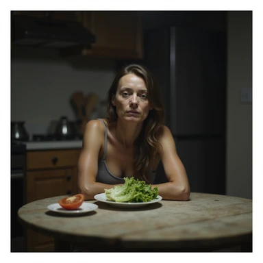 realistic style adult very thin woman sitting at kitchen table with only a lettuce leaf and a slice of tomato on a small plate in front of her, dull and sad expression, curved shoulders, cold lighting, atmosphere of deprivation sticker