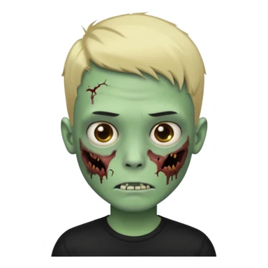 Faça um emoji de um garoto zumbi de cabelos pretos curtos com mechas loiras e com uma camisa preta de mangas compridas. sticker