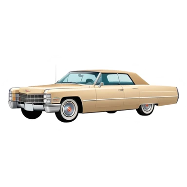 Ultra-minimalist beige 1966 Cadillac DeVille, very simplified shapes, clean 30-degree perspective, only essential details, basic geometric representation, Once Upon a Hollywood car, iOS emoji style sticker