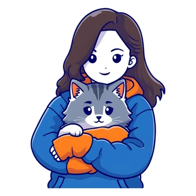 Brunette girl with dark blue sweatshirt cuddling a fluffy grey Siberian cat, detailed illustration sticker
