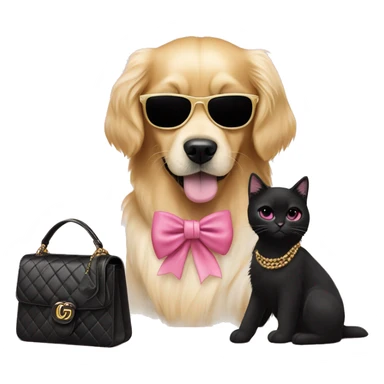 Cute golden retriever with pink bow and Chanel purse and a black cat wearing Gucci with sunglasses on sticker
