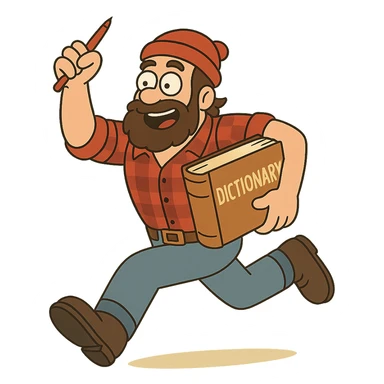 colorful and playful style lumberjack in action, running with a large dictionary under his arm and waving a red pen sticker