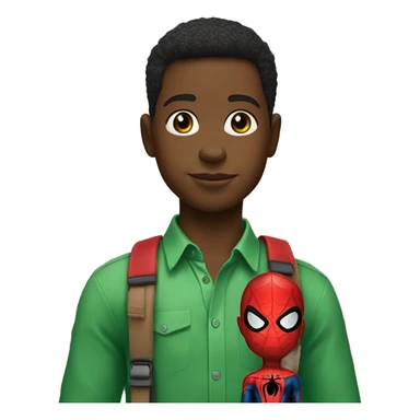 Boy wearing a green blouse with a J on his blouse with a spider man doll on his shoulder  sticker