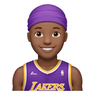 ["Black male, shaved head, wearing a purple Lakers jersey with headband."] sticker