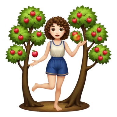 full body woman short curly brown mullet hair brown eyes white skin juggling glowing forest fruits sticker