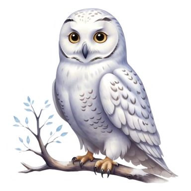 A hand-drawn fantasy illustration of Hedwig, Harry Potter’s snowy owl, with soft watercolor style, gentle pastel tones, magical sparkles in the air, cozy wizarding atmosphere, storybook illustration, high detail, whimsical and warm mood. ohne backgraund sticker
