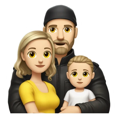 White-skinned slavic man with stubble, gray beard, brown hair, black eyes, black Reebok cap, leather jacket, holding infant girl in yellow dress with yellow bow. sticker