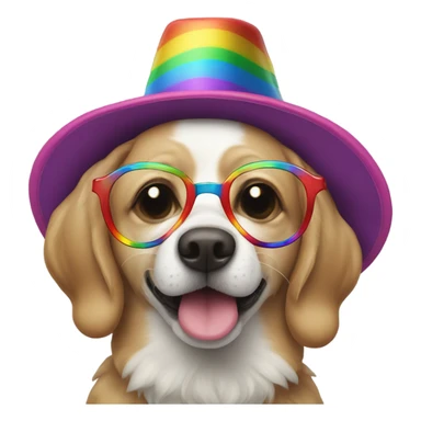 The dog is crying, wearing funny glasses, with a clown nose, and a rainbow-colored hat sticker