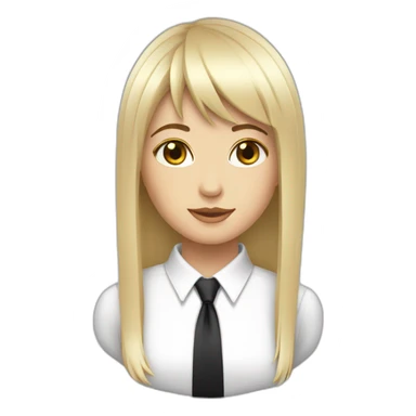 white female bangs black straight hair white shirt black tie sticker