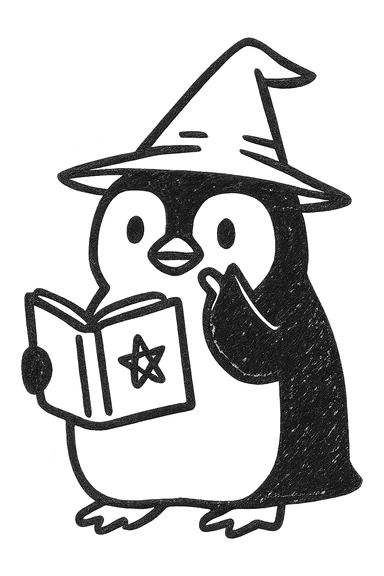 Transform the penguin wizard into a hand-drawn sketch style with one flipper raised to its beak in a thoughtful, thinking pose. Keep the pointed hat and spellbook. Preserve the transparent background. sticker
