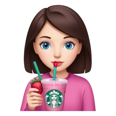 make an emoji of a brunette blue eye girl wearing pink drinking a strawberry acai refresher from starbucks sticker