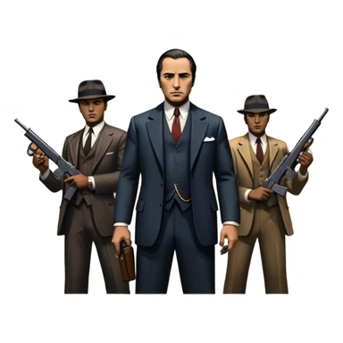 Vintage noir poster with Don Corleone surrounded by gangsters holding Thompson submachine guns. Background features New York skyscrapers, adding to the gritty, classic gangster film feel.  Dark and moody atmosphere with shadows, suits, and a mysterious vibe. Transparent background. sticker